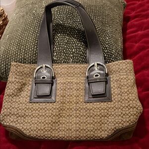 Coach Tan and Black Signature Shoulder Bag